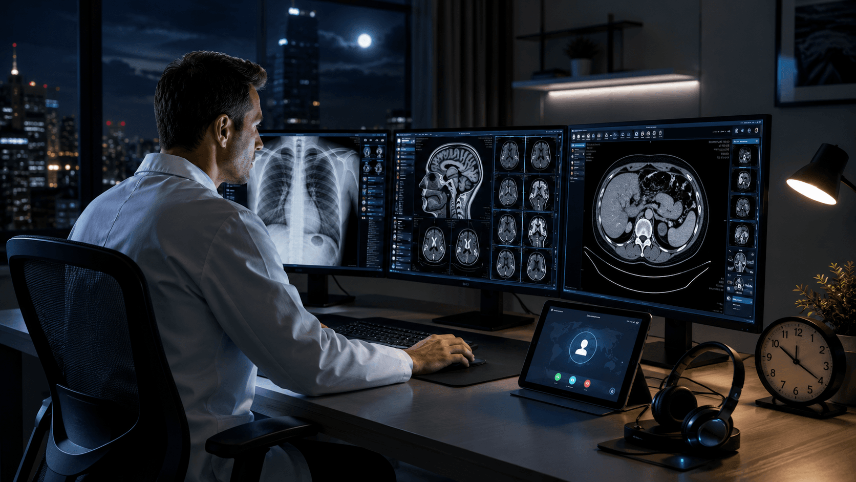 Radiologist using a teleradiology workstation after hours