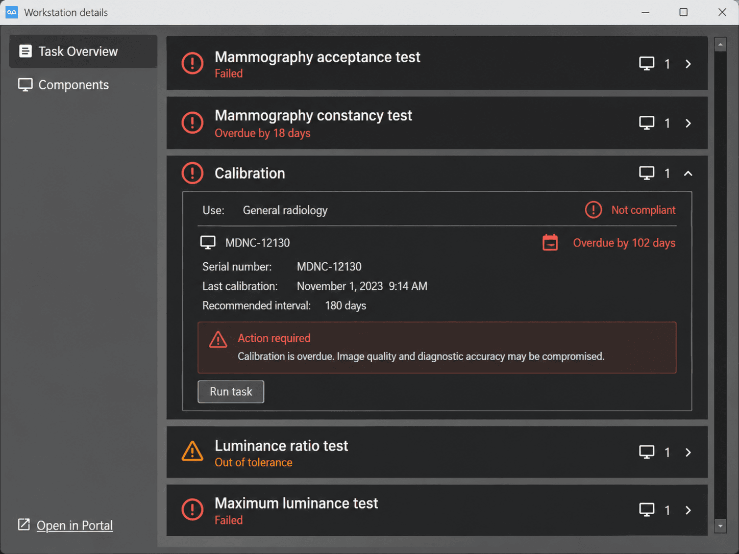Diagnostic monitor calibration and quality-control failure warnings