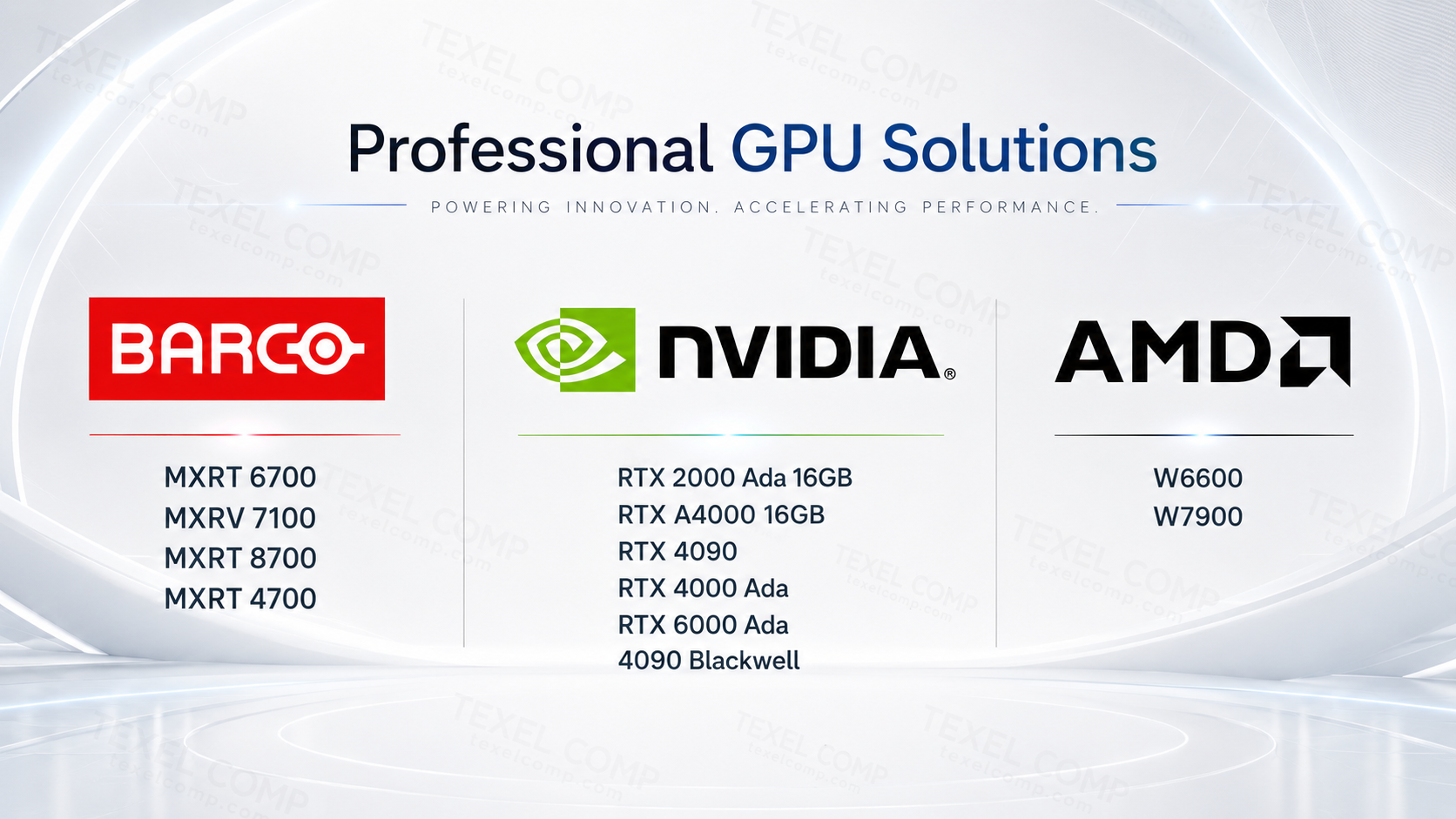 medical imaging graphics cards — Barco MXRT, NVIDIA RTX, and AMD Radeon Pro